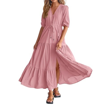 BTFBM Women Beach Dresses for Vacation Casual Short Sleeve V Neck Maxi Dresses Relaxed Fit Party Dre...