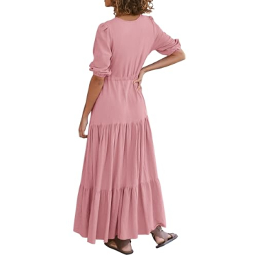 BTFBM Women Beach Dresses for Vacation Casual Short Sleeve V Neck Maxi Dresses Relaxed Fit Party Dresses(Solid Pink,Small)