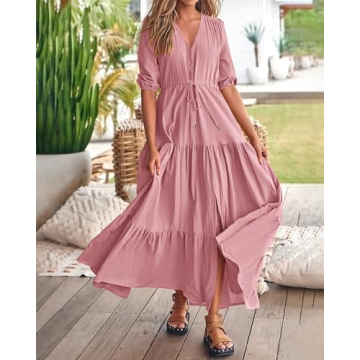 BTFBM Women Beach Dresses for Vacation Casual Short Sleeve V Neck Maxi Dresses Relaxed Fit Party Dresses(Solid Pink,Small)