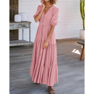 BTFBM Women Beach Dresses for Vacation Casual Short Sleeve V Neck Maxi Dresses Relaxed Fit Party Dresses(Solid Pink,Small)