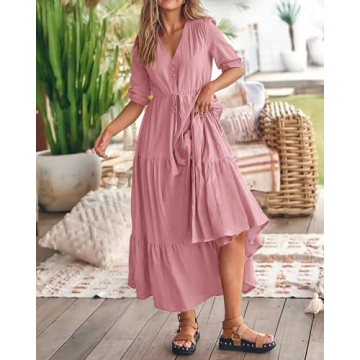 BTFBM Women Beach Dresses for Vacation Casual Short Sleeve V Neck Maxi Dresses Relaxed Fit Party Dresses(Solid Pink,Small)