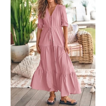 BTFBM Women Beach Dresses for Vacation Casual Short Sleeve V Neck Maxi Dresses Relaxed Fit Party Dresses(Solid Pink,Small)