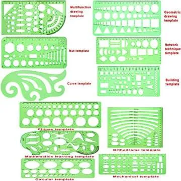 ipxead 11 Piece Geometric Drawing Template Measuring Ruler, Transparent Green Plastic Ruler with Por...