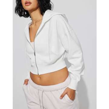Hooever Womens Cute Workout Cropped Zip Up Drawstring Hoodie Sweatshirt Jacket White