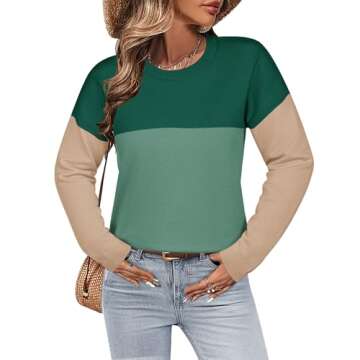 Zeagoo Womens Fall Fashion 2024 Color Block Long Sleeve Shirts Crewneck Knit Casual Loose Pullover Sweaters Tops Green S