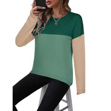 Zeagoo Womens Fall Fashion 2024 Color Block Long Sleeve Shirts Crewneck Knit Casual Loose Pullover Sweaters Tops Green S