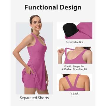 Tanou Womens Tennis Dress with Separated Shorts & Bra U Neck Golf Sleeveless Athletic Workout Scalloped Dress with 2 Pockets Rose Pink Medium
