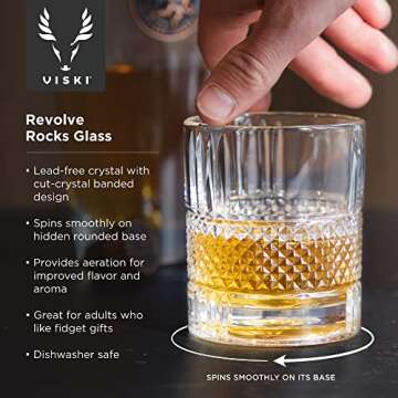 Viski Revolve Spinning Whiskey Glass, Unique Bourbon Glass, Old Fashioned Cocktail glass, Crystal Cu...