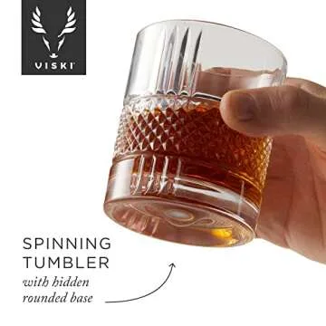 Viski Revolve Spinning Whiskey Glass, Unique Bourbon Glass, Old Fashioned Cocktail glass, Crystal Cut Scotch Glass, Set of 1, 10oz