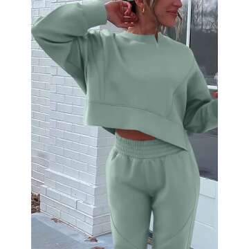 ANRABESS Womens 2 Piece Outfits Lounge Sets Cropped Sweatshirt & Joggers Fashion Sweatsuit Sweat Set 2024 Fall Travel Green Medium