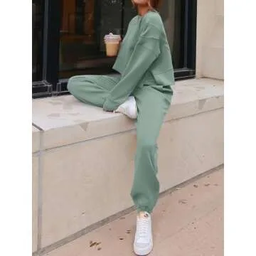 ANRABESS Womens 2 Piece Outfits Lounge Sets Cropped Sweatshirt & Joggers Fashion Sweatsuit Sweat Set 2024 Fall Travel Green Medium
