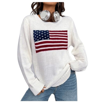 GORGLITTER Women's American Flag Graphic Long Sleeve Sweater Knit Round Neck Pullover Top