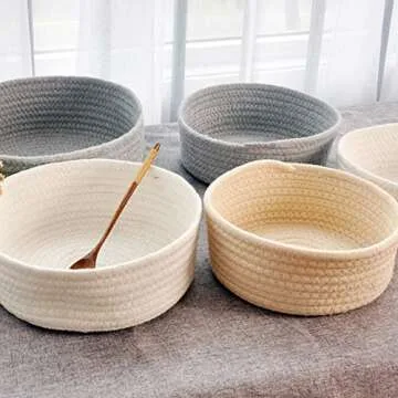 BQEE Cotton Rope Handmade Woven Home Storage Household Candy Toys Storage Basket Sundries Collection Box Candy Snack Food Tray SML Pack of 3 (Round, Beige)
