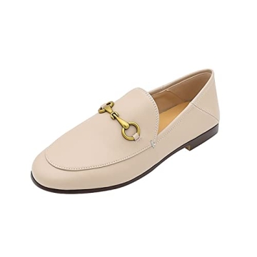 Vertundy Women’s Loafers Flats - Premium Leather Pointed Toe Slip-On Mules in Beige