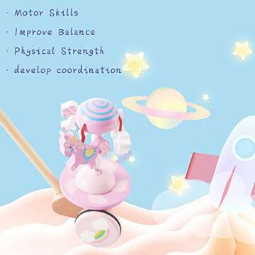 RUYU Lively Carousel Wooden Push and Pull Walking Toy for Toddlers and Babies Girl or Boy, Classic Early Learning Wooden Balance Walking Play Toy
