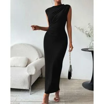 BTFBM Women's Ruched Bodycon Dress Summer Casual Sleeveless Back Slit Elegant Club Evening Party Cocktail Maxi Dresses(Solid Black, Small)