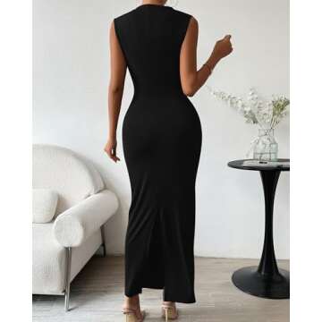 BTFBM Women's Ruched Bodycon Dress Summer Casual Sleeveless Back Slit Elegant Club Evening Party Cocktail Maxi Dresses(Solid Black, Small)