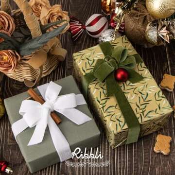 Ribbli Moss Green Velvet Ribbon 1 Inches Continuous 25 Yard Spool Moss Green Christmas Ribbon for Gift Wrapping Crafts Home Decor