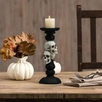 OYATON Pillar Candle Holder for Halloween Decoration Indoor, Skull Candlestick Holder for 3 Inches Pillar Candle
