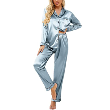 Ekouaer Women's Classic Button Down Satin Pajama Set
