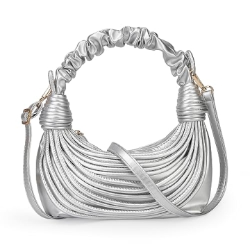 JBB Women Silver Shoulder Purse - Knotted Woven Tote Hobo Bag Evening Party Leather Satchel Handbag with Zipper