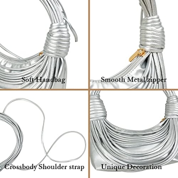 JBB Women Silver Shoulder Purse - Knotted Woven Tote Hobo Bag Evening Party Leather Satchel Handbag with Zipper