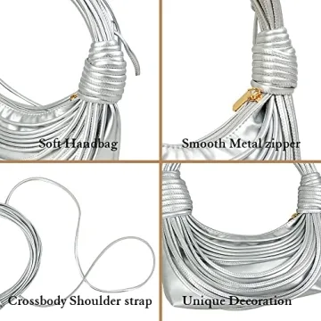 JBB Women Silver Shoulder Purse - Knotted Woven Tote Hobo Bag Evening Party Leather Satchel Handbag with Zipper