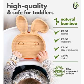 Bamboo Baby Plate with Suction - Kids and Toddler Suction Cup Plate for Babies, Non-toxic All-Natural Bamboo Baby Food Plate Stays Cool to the Touch for Baby-Led Weaning (Bunny-Orange)