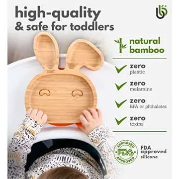 Bamboo Baby Plate with Suction - Kids and Toddler Suction Cup Plate for Babies, Non-toxic All-Natural Bamboo Baby Food Plate Stays Cool to the Touch for Baby-Led Weaning (Bunny-Orange)