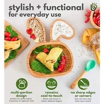 Bamboo Baby Plate with Suction - Kids and Toddler Suction Cup Plate for Babies, Non-toxic All-Natural Bamboo Baby Food Plate Stays Cool to the Touch for Baby-Led Weaning (Bunny-Orange)