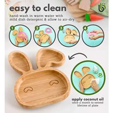 Bamboo Baby Plate with Suction - Kids and Toddler Suction Cup Plate for Babies, Non-toxic All-Natural Bamboo Baby Food Plate Stays Cool to the Touch for Baby-Led Weaning (Bunny-Orange)
