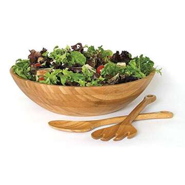 Lipper International 8208-3 Bamboo Wood Salad Bowl with Server Utensils, 11.75" Diameter x 4" High, 3-Piece Set