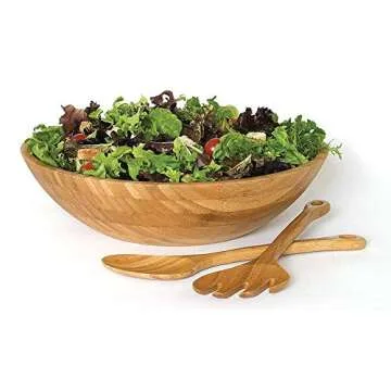 Lipper International 8208-3 Bamboo Wood Salad Bowl with Server Utensils, 11.75" Diameter x 4" High, 3-Piece Set