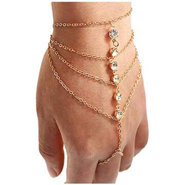 Suyi Finger Ring Bracelet Hand Harness Chain Bracelet Rhinestone Gifts for Women Gold 10CM/3.9IN 2 P...