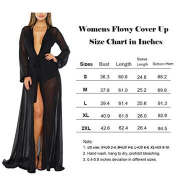Viottiset Women's Sexy Long Sleeve Swimsuit Swim Bathing Suit Beach Tie Front Sheer Flowy Maxi Robe Cover Up Dress Black S