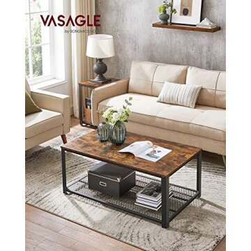 VASAGLE Coffee Table for Living Room, 2-Tier Cocktail Table, Center Table with Mesh Shelf, Steel Fra...