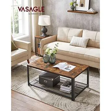 VASAGLE Coffee Table for Living Room, 2-Tier Cocktail Table, Center Table with Mesh Shelf, Steel Fra...