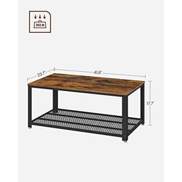 VASAGLE Coffee Table for Living Room, 2-Tier Cocktail Table, Center Table with Mesh Shelf, Steel Frame, Adjustable Feet, Industrial Style, Rustic Brown and Black ULCT61X