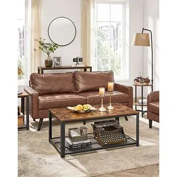VASAGLE Coffee Table for Living Room, 2-Tier Cocktail Table, Center Table with Mesh Shelf, Steel Frame, Adjustable Feet, Industrial Style, Rustic Brown and Black ULCT61X