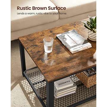 VASAGLE Coffee Table for Living Room, 2-Tier Cocktail Table, Center Table with Mesh Shelf, Steel Frame, Adjustable Feet, Industrial Style, Rustic Brown and Black ULCT61X