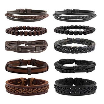 MILAKOO 10 Pcs Braided Leather and Wood Beaded Bracelets for Everyone