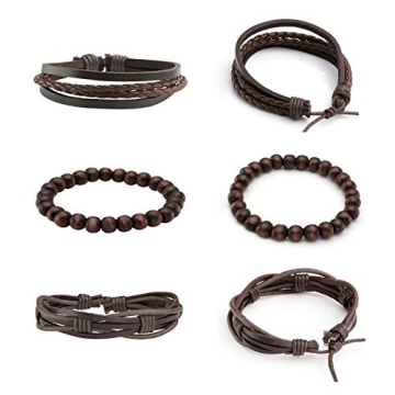 MILAKOO Leather and Wooden Beaded Bracelets Set