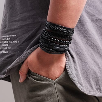 MILAKOO Leather and Wooden Beaded Bracelets Set