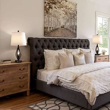 Dungoo Set of 2 Modern Farmhouse Table Lamps with 2 USB Ports Pulg in Industrial Lamp with 2 LED Nightlight Bulbs Open Column Bedside Lamps for Bedroom Living Room, White Fabric Shade, 22 inch