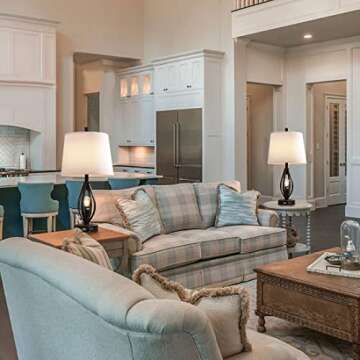 Dungoo Set of 2 Modern Farmhouse Table Lamps with 2 USB Ports Pulg in Industrial Lamp with 2 LED Nightlight Bulbs Open Column Bedside Lamps for Bedroom Living Room, White Fabric Shade, 22 inch