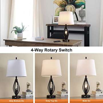 Dungoo Set of 2 Modern Farmhouse Table Lamps with 2 USB Ports Pulg in Industrial Lamp with 2 LED Nightlight Bulbs Open Column Bedside Lamps for Bedroom Living Room, White Fabric Shade, 22 inch