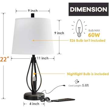 Dungoo Set of 2 Modern Farmhouse Table Lamps with 2 USB Ports Pulg in Industrial Lamp with 2 LED Nightlight Bulbs Open Column Bedside Lamps for Bedroom Living Room, White Fabric Shade, 22 inch