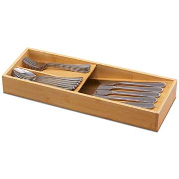 guiogc Bamboo Silverware Drawer Organizer, Kitchen Cutlery Tray,Utensil Holder for Spoons, Forks, Knives in Kitchen