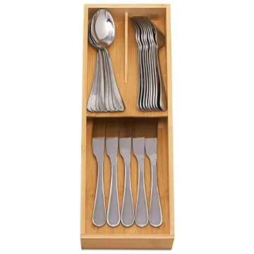 guiogc Bamboo Silverware Drawer Organizer, Kitchen Cutlery Tray,Utensil Holder for Spoons, Forks, Knives in Kitchen