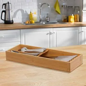 guiogc Bamboo Silverware Drawer Organizer, Kitchen Cutlery Tray,Utensil Holder for Spoons, Forks, Knives in Kitchen